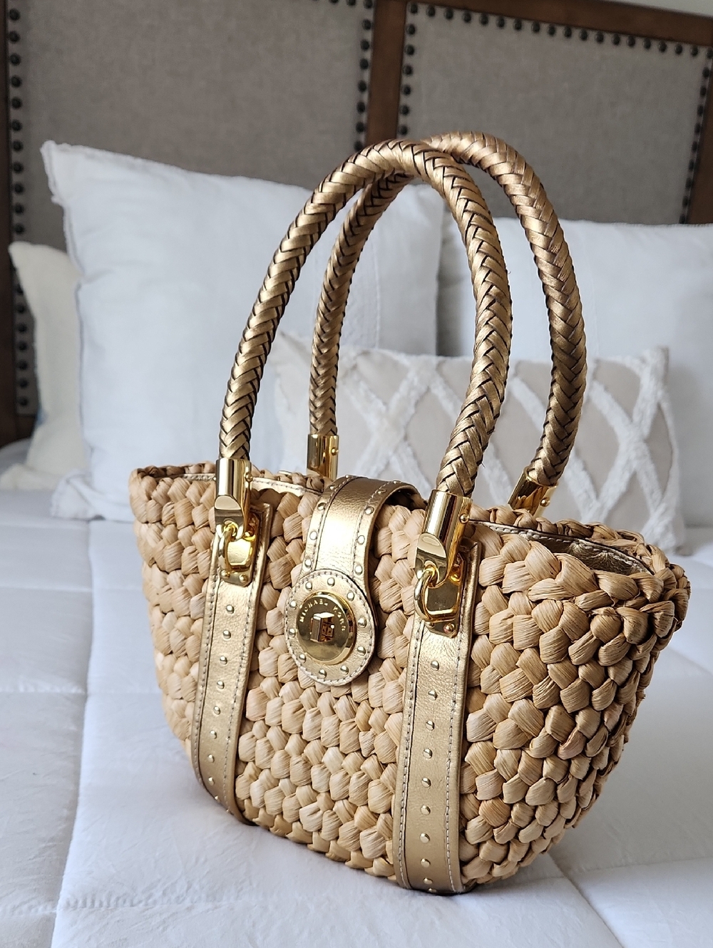 Michael Kors Woven Beige Tote with Gold Hardware